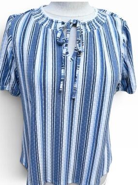 Crown Vintage Blue Striped Smocked Neck Tie Blouse Size Medium